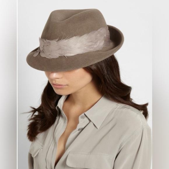 Eugenia Kim Max Feather Trimmed Rabbit Felt Fedora Khaki Wool Hat